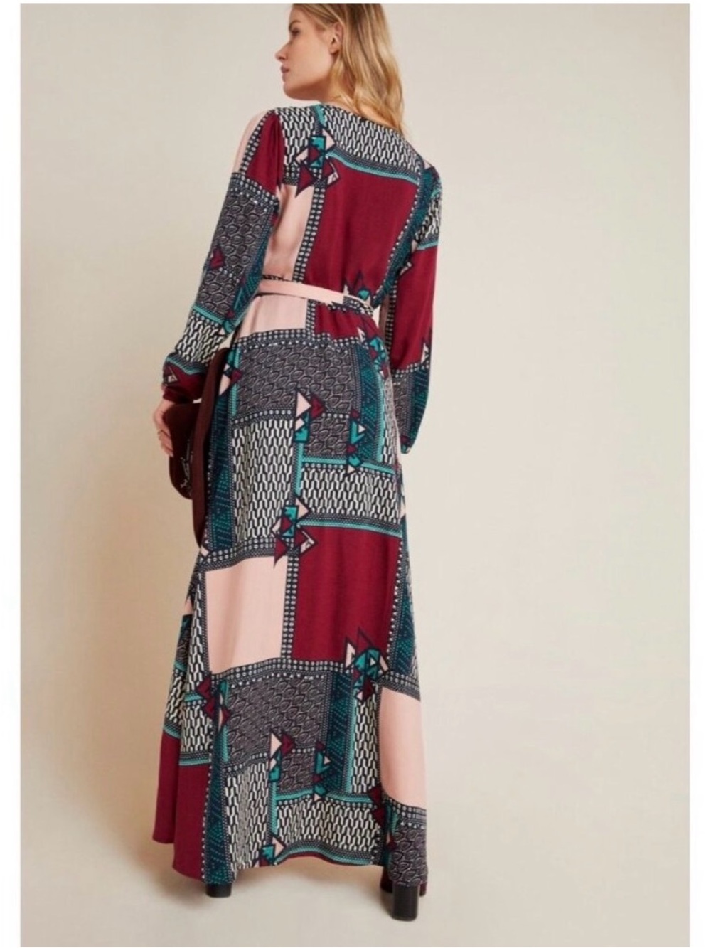 NWT Anthropologie Porridge Multi Color Abstract Patch Work Wrap Maxi Dress XS - Picture 2 of 10